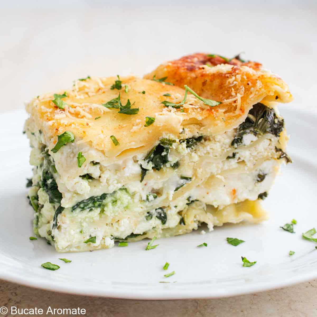 Lasagna cu urdă sau ricotta și spanac – secțiune cu straturi vizibile