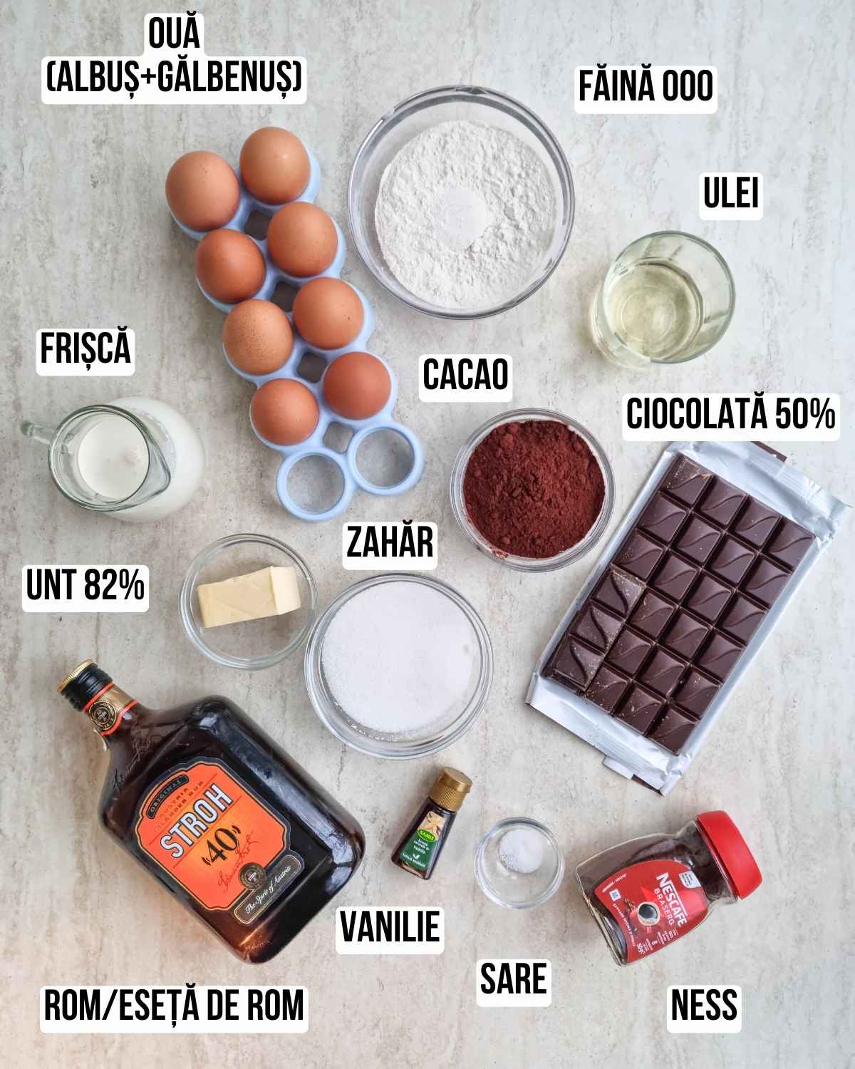 Ingrediente pentru prăjitură Boema fără fondant: ouă, făină, cacao, zahăr, ciocolată, frișcă, unt, rom și cafea