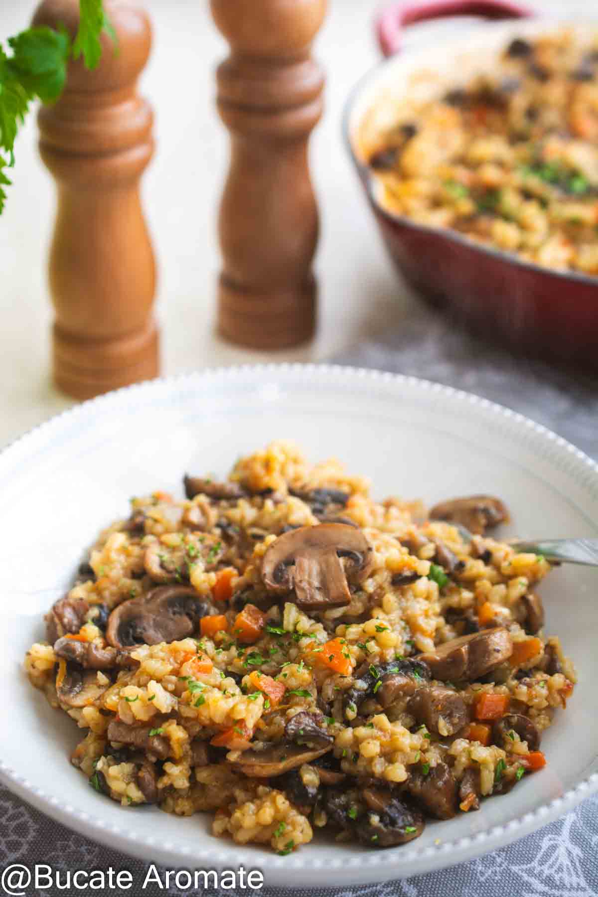 FGarfurie alba cu orez de post cu ciuperci, legume si patrunjel proaspat gata de servire