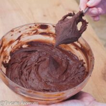 Cremă de ciocolată de post cu cocos, fină și fermă, ridicată pe tel pentru a arăta consistența finală