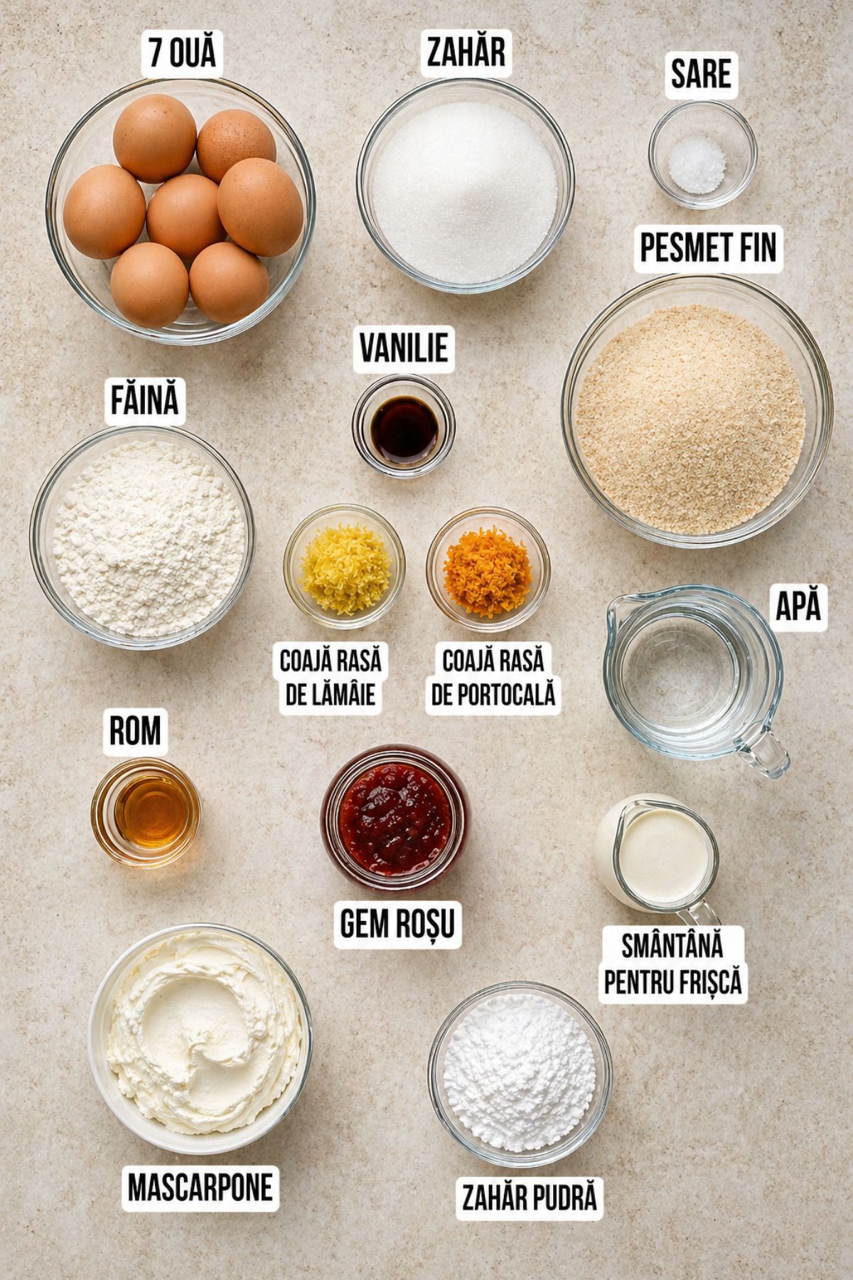 Ingrediente pentru savarine cu pesmet la tavă, așezate pe fundal deschis: 7 ouă, zahăr, sare, pesmet fin, făină, vanilie, coajă rasă de lămâie și portocală, apă, rom, gem roșu, smântână pentru frișcă, mascarpone și zahăr pudră.