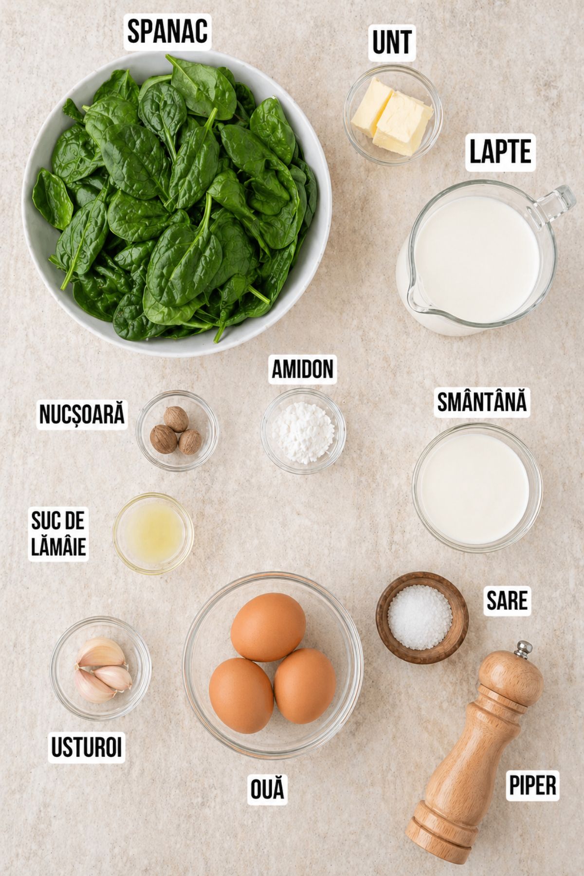 Ingrediente pentru spanac cremos cu lapte și ouă: spanac proaspăt, unt, lapte, smântână lichidă, amidon, nucșoară, suc de lămâie, usturoi, sare, piper și ouă