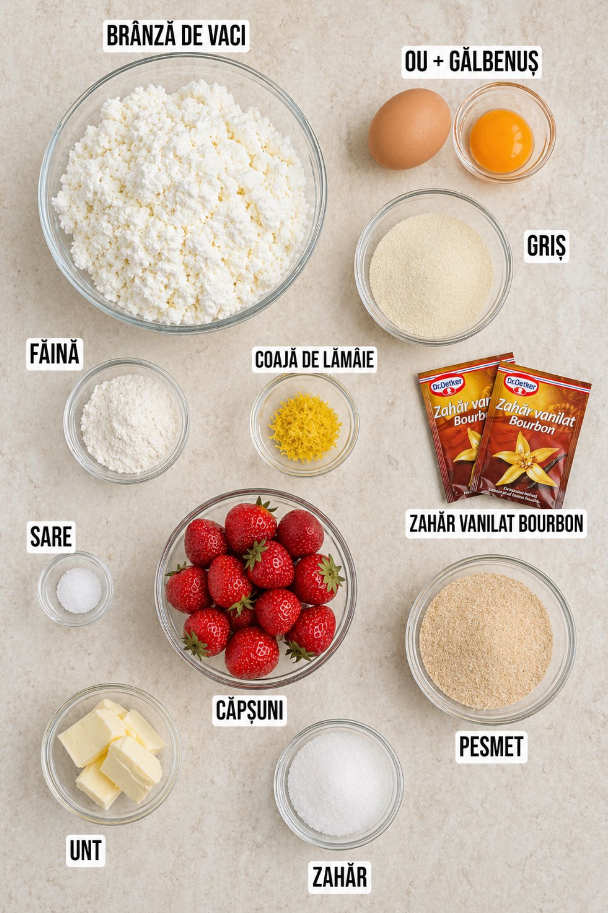 Ingrediente pentru găluște cu brânză de vaci și căpșuni întregi, cu griș, pesmet, unt, zahăr vanilat Bourbon și coajă de lămâie