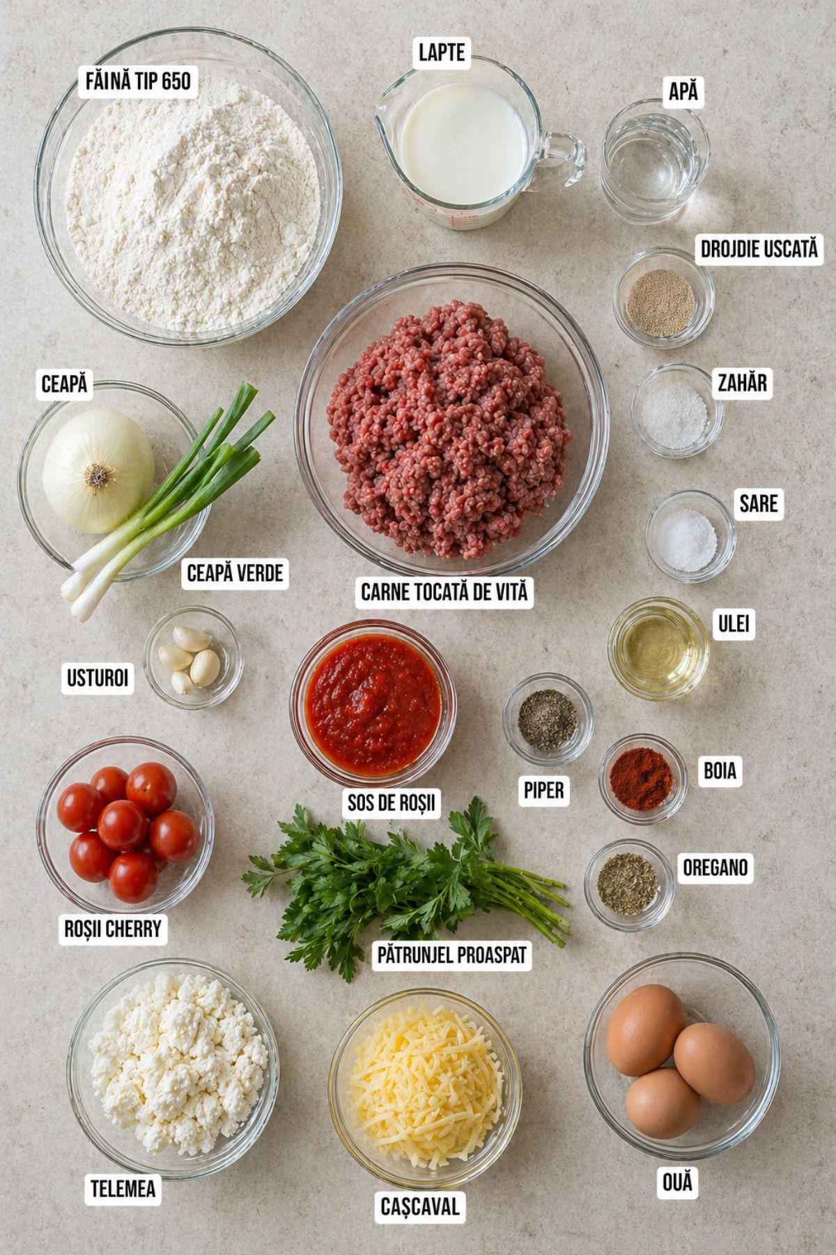 Ingrediente pentru pide turcești cu carne tocată de vită, aluat cu lapte, telemea, cașcaval, ouă, roșii cherry și susan.