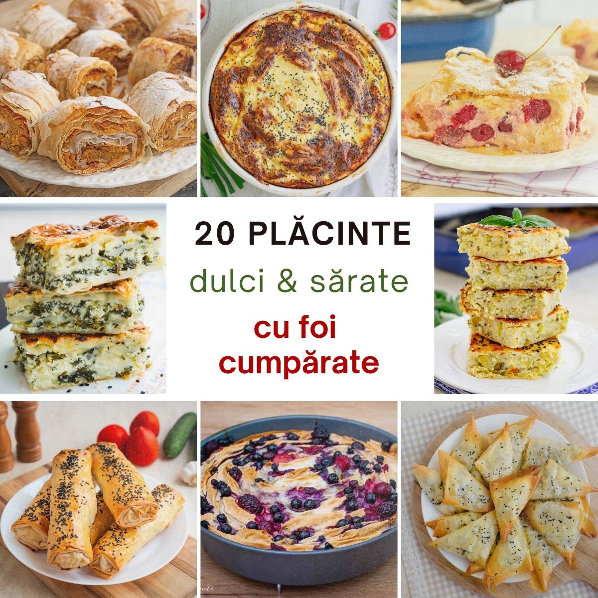 Colaj cu plăcinte dulci și sărate făcute cu foi subțiri cumpărate: plăcintă cu brânză, plăcintă creață, ștrudel și trigoane crocante