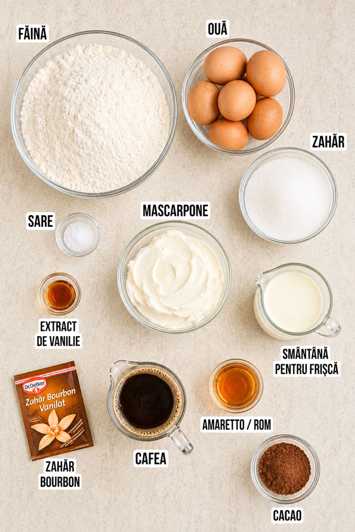 Ingrediente pentru prăjitură Tiramisu cu blat de casă, așezate pe blat deschis la culoare: făină, ouă, zahăr, sare, extract de vanilie, mascarpone, smântână pentru frișcă, zahăr Bourbon, cafea, Amaretto sau rom și cacao