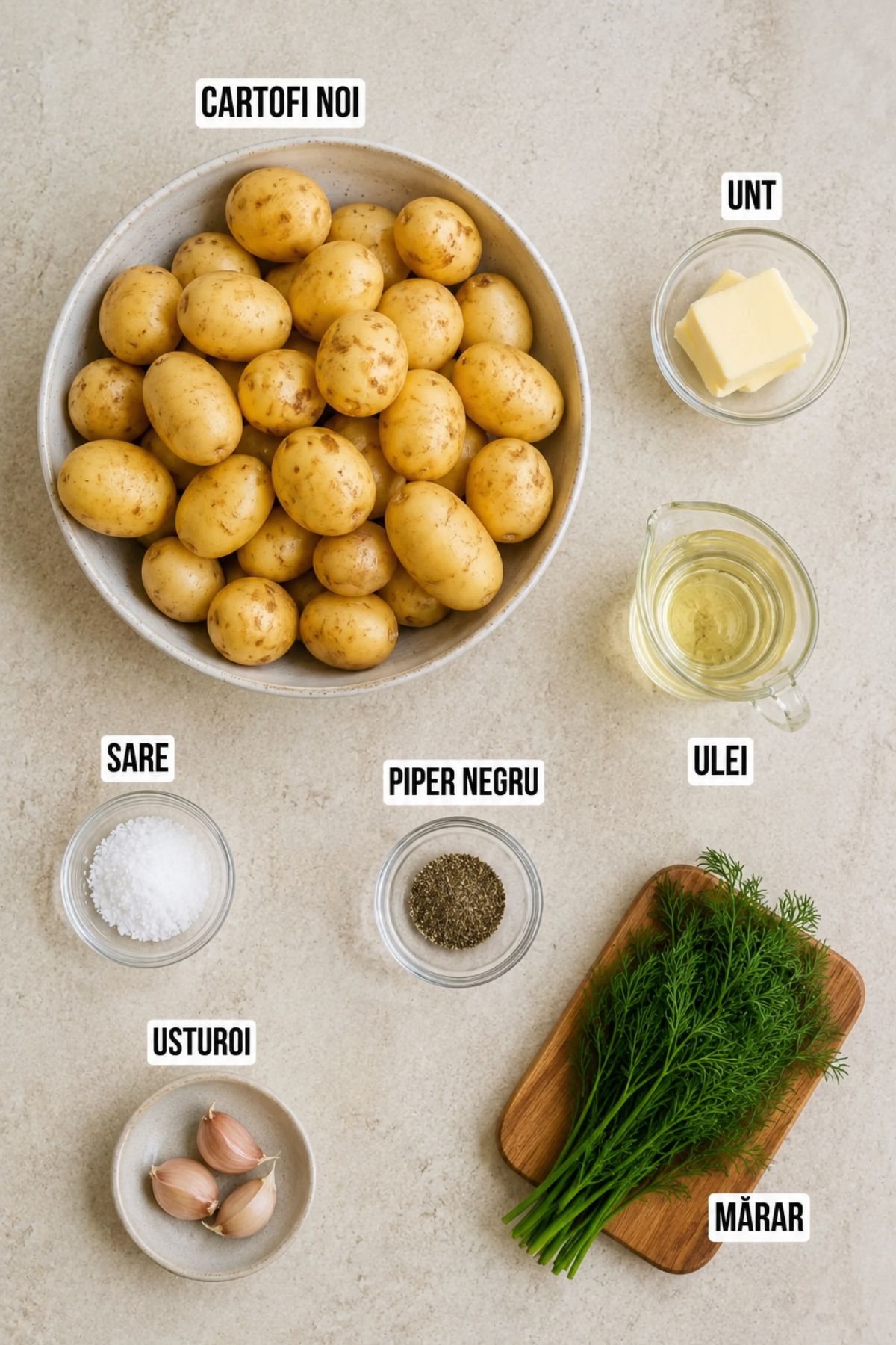 lista de ingrediente cu etichete pentru cartofi noi la tigaie cu usturoi si marar
