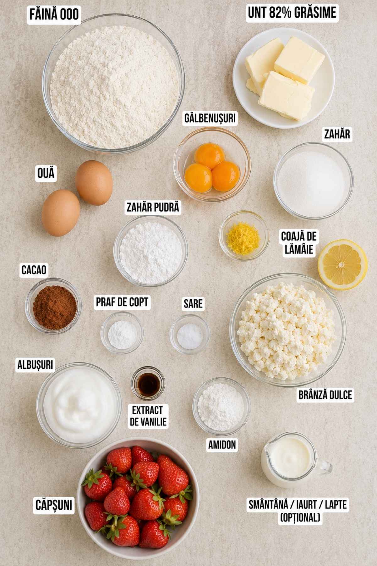 Ingrediente pentru prăjitura Rudy cu cacao, brânză și căpșuni, așezate pe fundal deschis, cu etichete pentru fiecare ingredient.