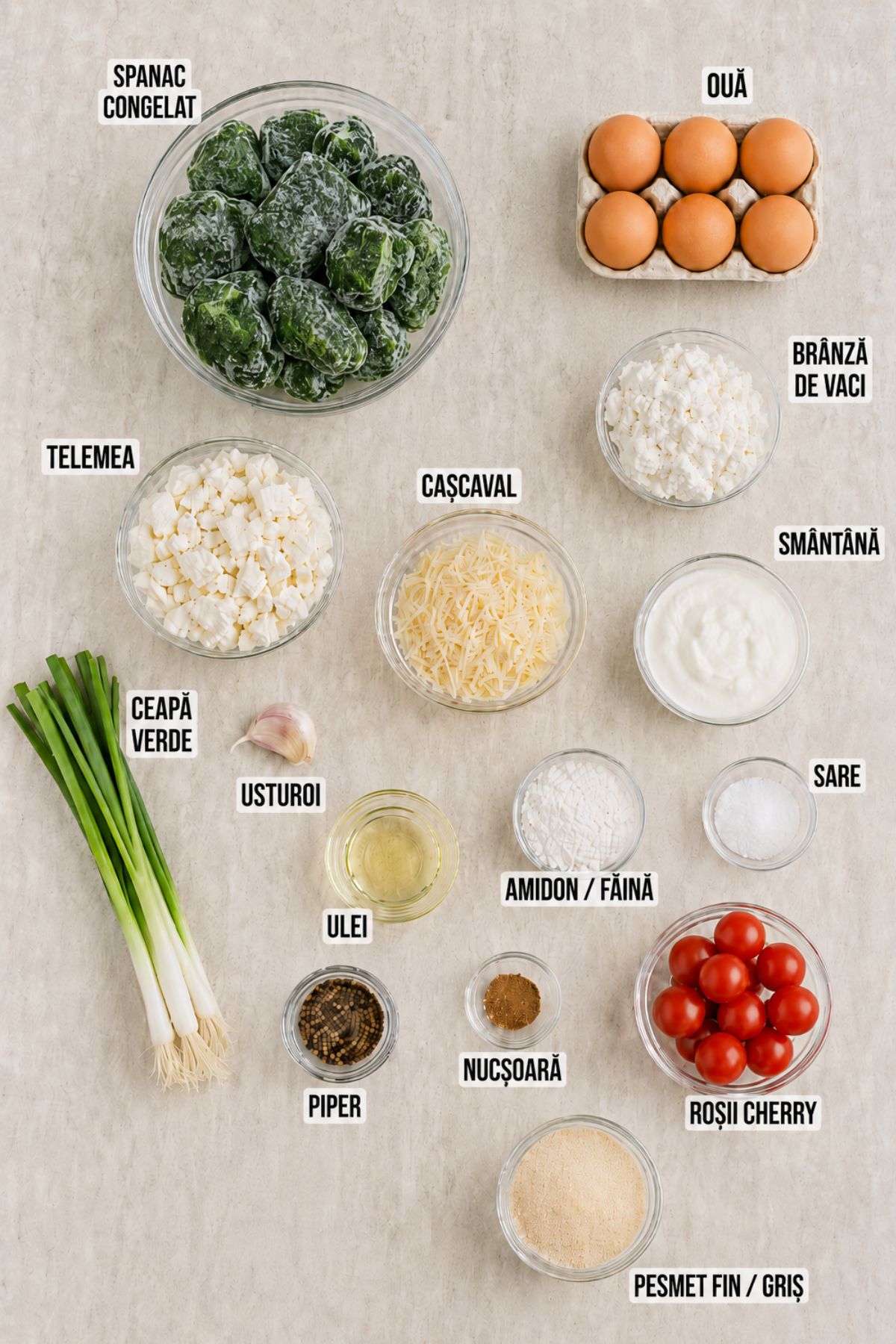 Ingrediente pentru tarta fără crustă cu spanac congelat: ouă, brânză de vaci, telemea, cașcaval, smântână, ceapă verde, usturoi, amidon, roșii cherry și condimente, fotografiate de sus pe fundal deschis.
