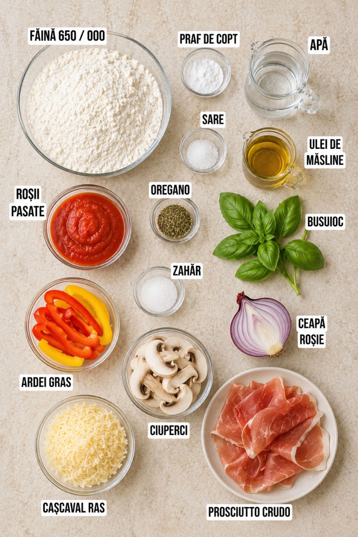 Ingrediente pentru pizza la tigaie fără drojdie: făină, praf de copt, roșii pasate, cașcaval ras, prosciutto crudo, ardei, ciuperci, ceapă roșie și busuioc.