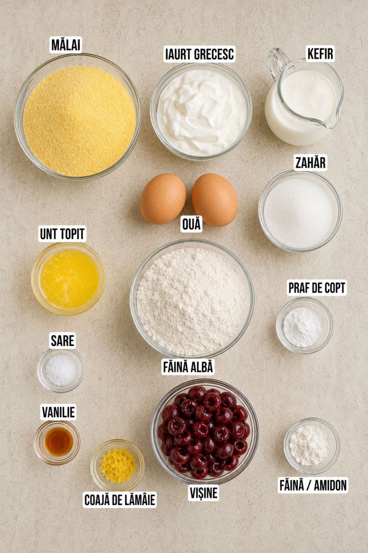 Ingrediente pentru prăjitură cu mălai și vișine: mălai, iaurt grecesc, kefir, ouă, zahăr, unt și vișine