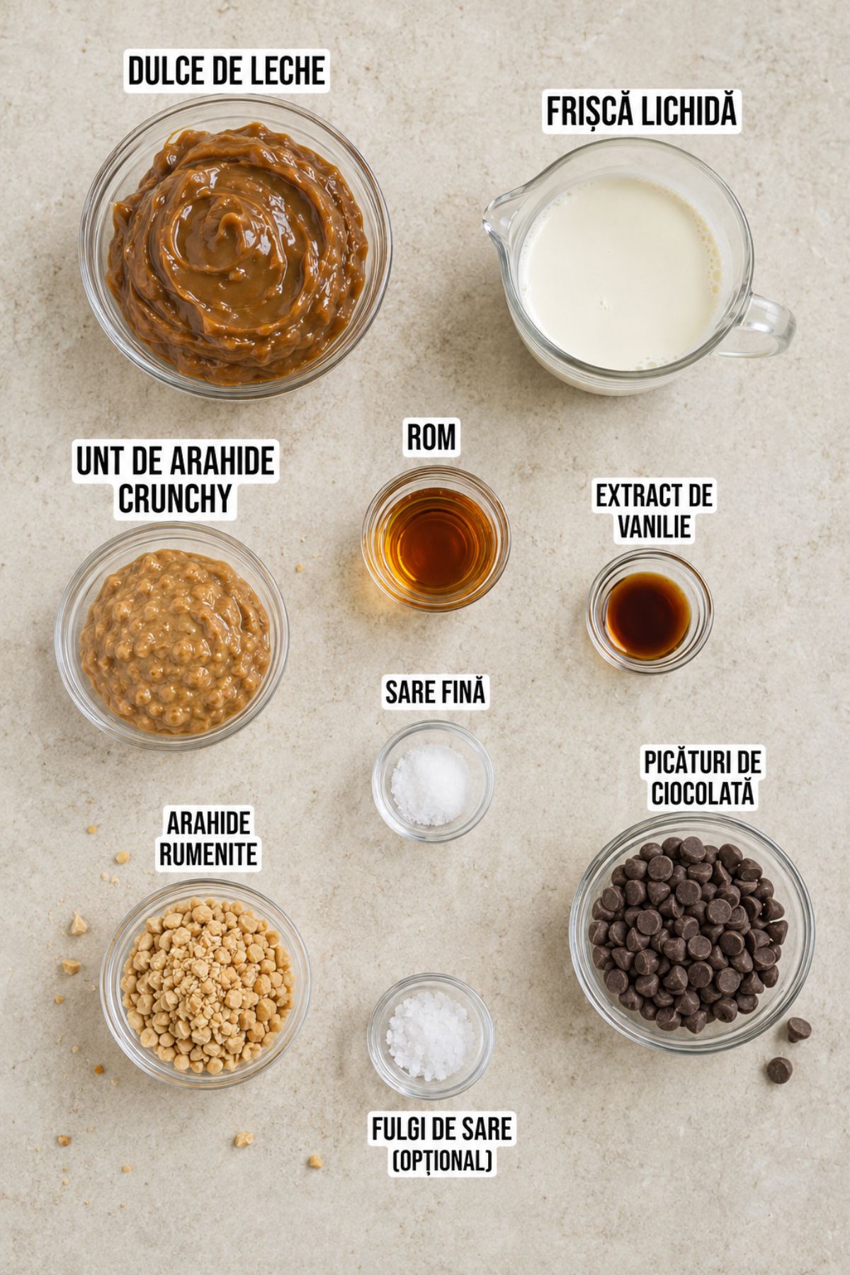 Ingrediente pentru înghețată cu dulce de leche și unt de arahide: frișcă lichidă, rom, vanilie, ciocolată, arahide rumenite și fulgi de sare.