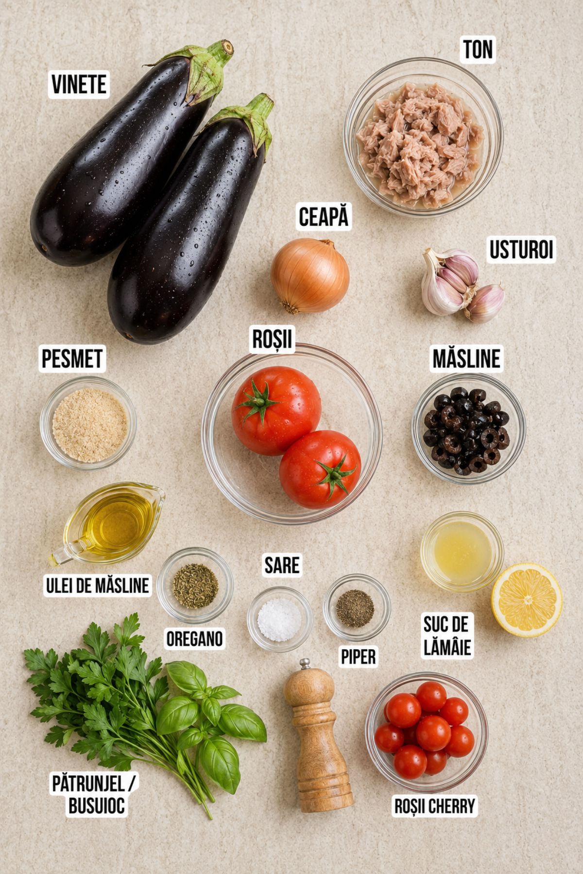 Ingrediente pentru vinete umplute cu ton din conservă: vinete, ton, roșii, ceapă, usturoi, măsline, pesmet, ulei de măsline, lămâie și verdețuri.