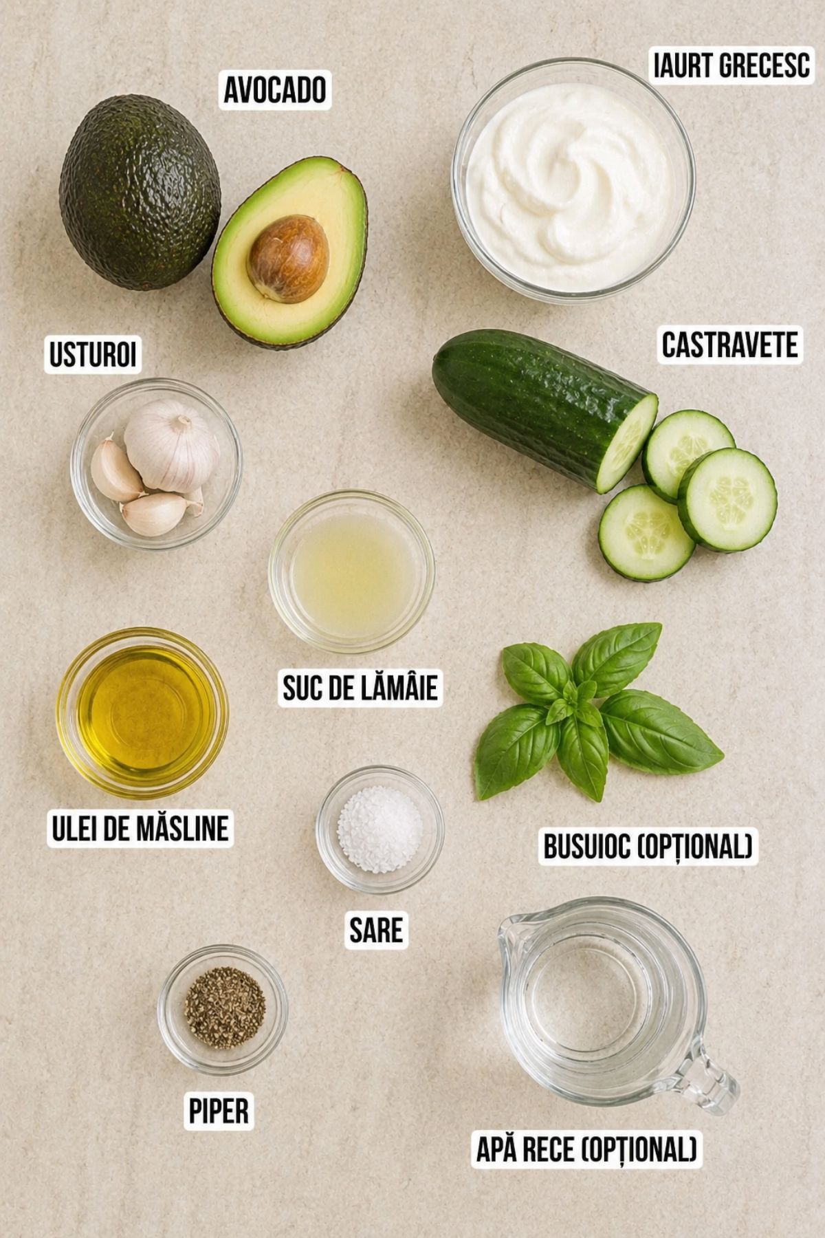 lista vizuala de ingrediente pentru reteta supa rece de avocado cu iaurt, castravete si busuioc