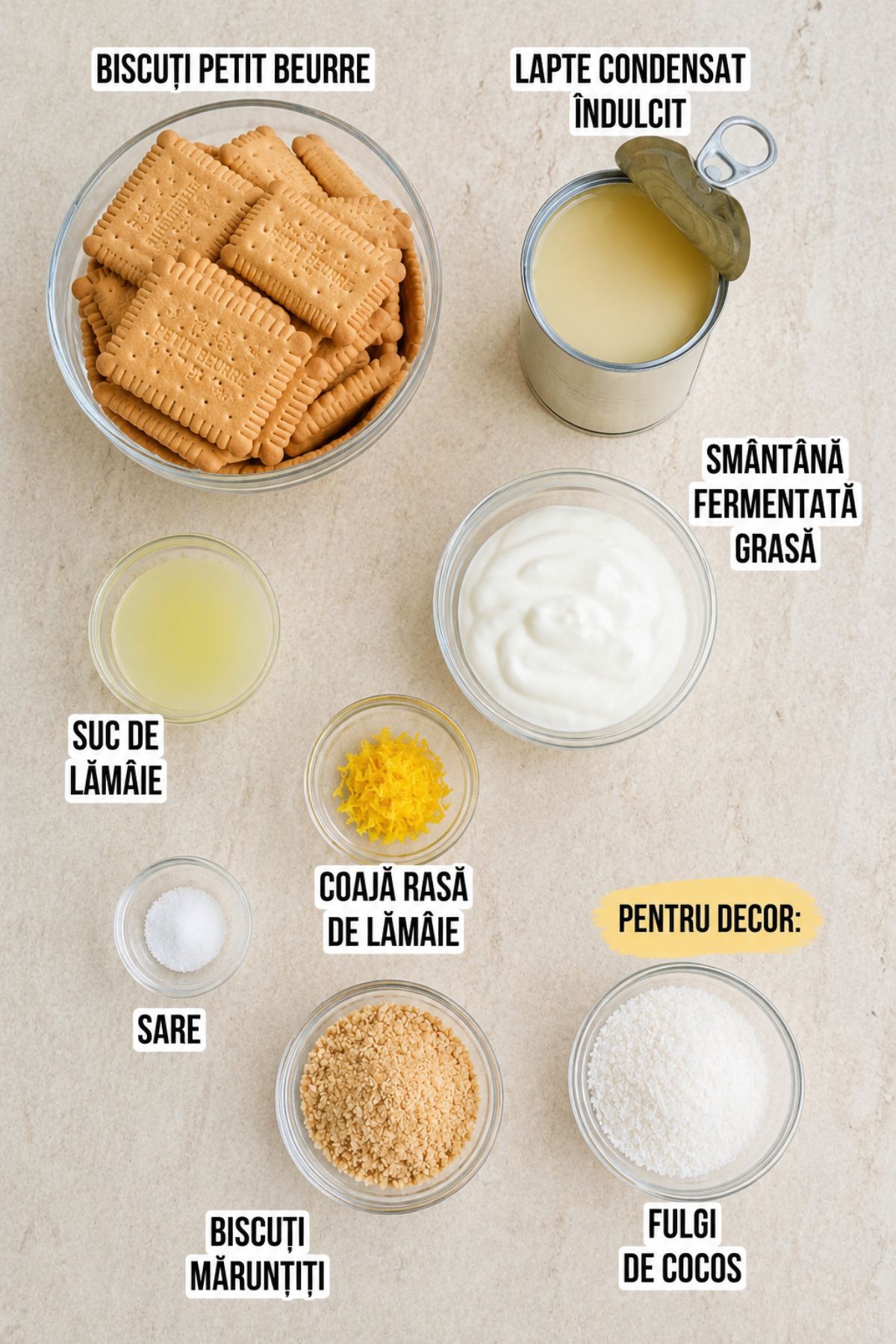 Ingrediente pentru prăjitură fără coacere cu biscuiți și cremă de lămâie: Petit Beurre, lapte condensat, smântână, suc și coajă de lămâie