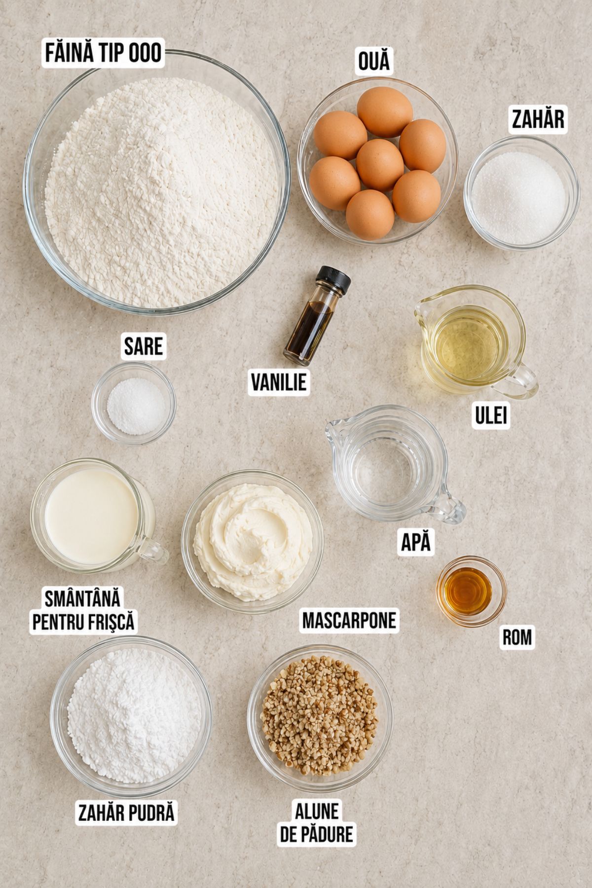 Lista de ingrediente vizuala cu etichete pentru prajitura Sinaia sau Dunareana cu frisca