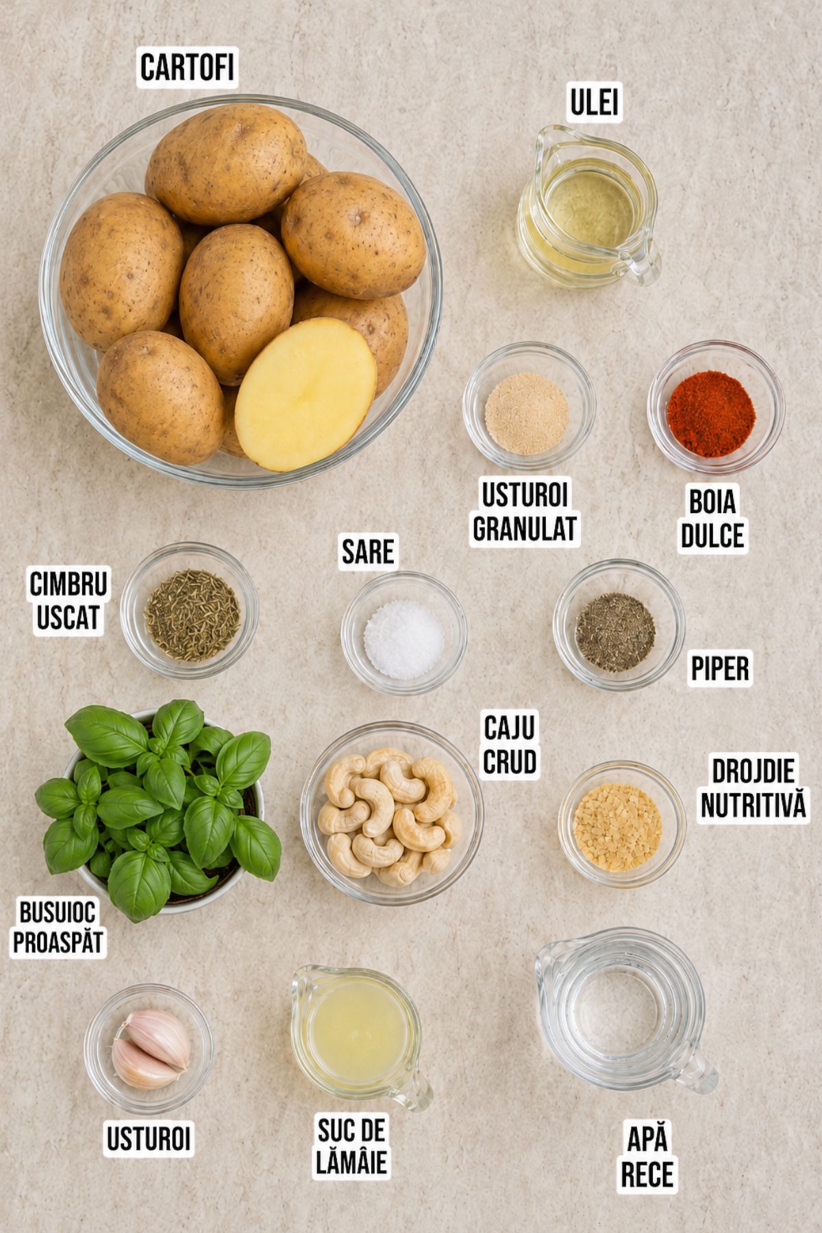 Ingrediente pentru cartofi rondele la cuptor cu pesto de busuioc și caju, etichetate pe fundal deschis