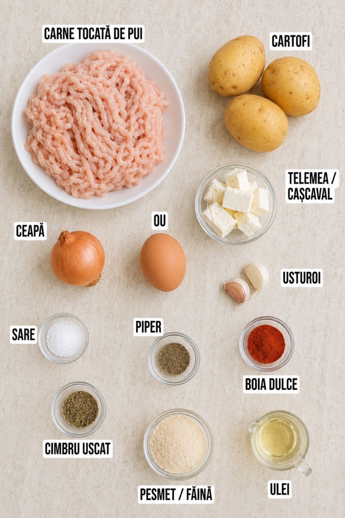 Ingrediente pentru plăcintă de pui cu cartofi la tigaie: carne tocată de pui, cartofi, ou, brânză, ceapă, usturoi și condimente.