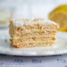 Felie de prăjitură fără coacere cu biscuiți și cremă de lămâie cu lapte condensat, decorată cu nucă de cocos