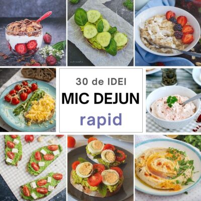 Colaj cu idei de mic dejun rapid: ouă, avocado, iaurt cu fructe, porridge, hummus și tartine