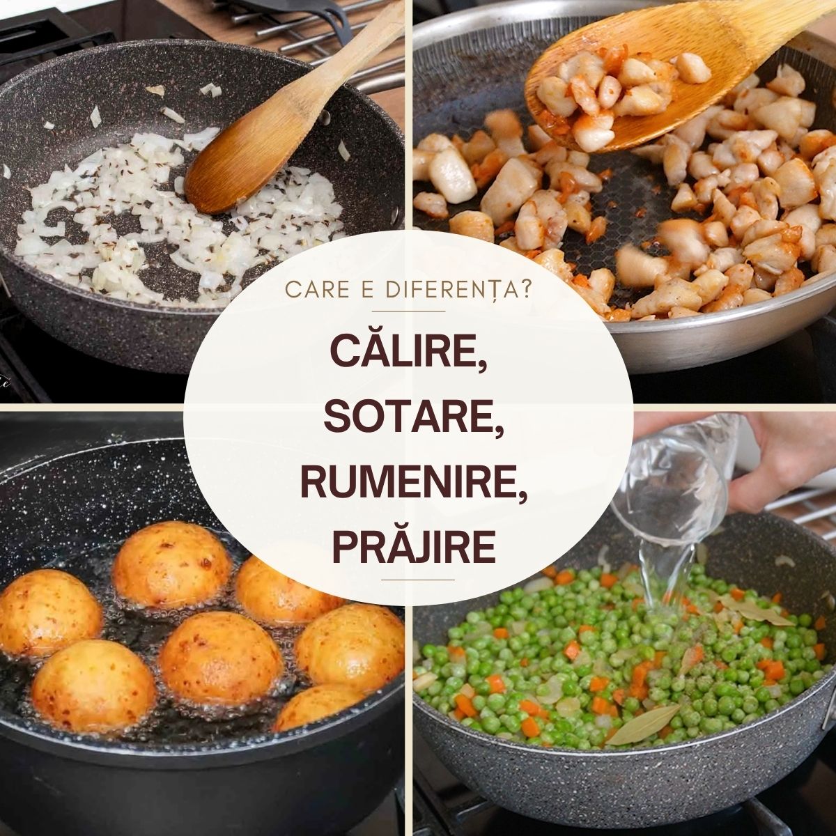 Colaj comparativ cu ceapă călită, carne rumenită, cartofi prăjiți și legume înăbușite, pentru explicarea tehnicilor de gătire la tigaie