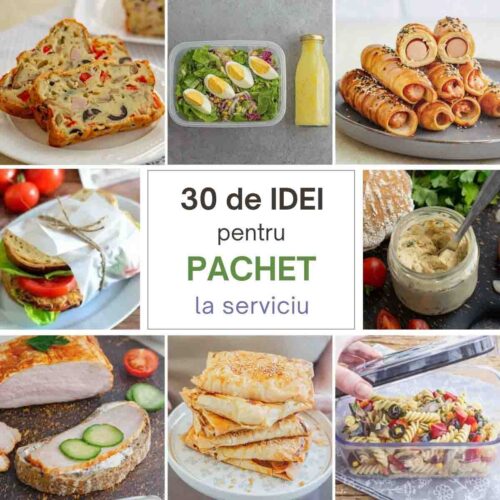 Colaj cu idei de mâncare pentru pachetul de la serviciu: salată, sandviș, covridog, chec aperitiv, tartinabil, plăcinte și salată de paste.