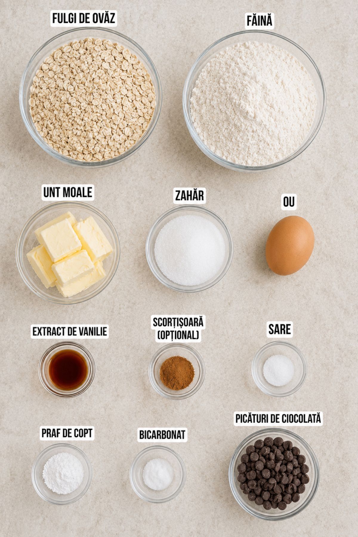 Ingrediente pentru biscuiți cu ovăz și ciocolată: fulgi de ovăz, făină, unt, zahăr, ou, vanilie, scorțișoară, sare, praf de copt, bicarbonat și picături de ciocolată