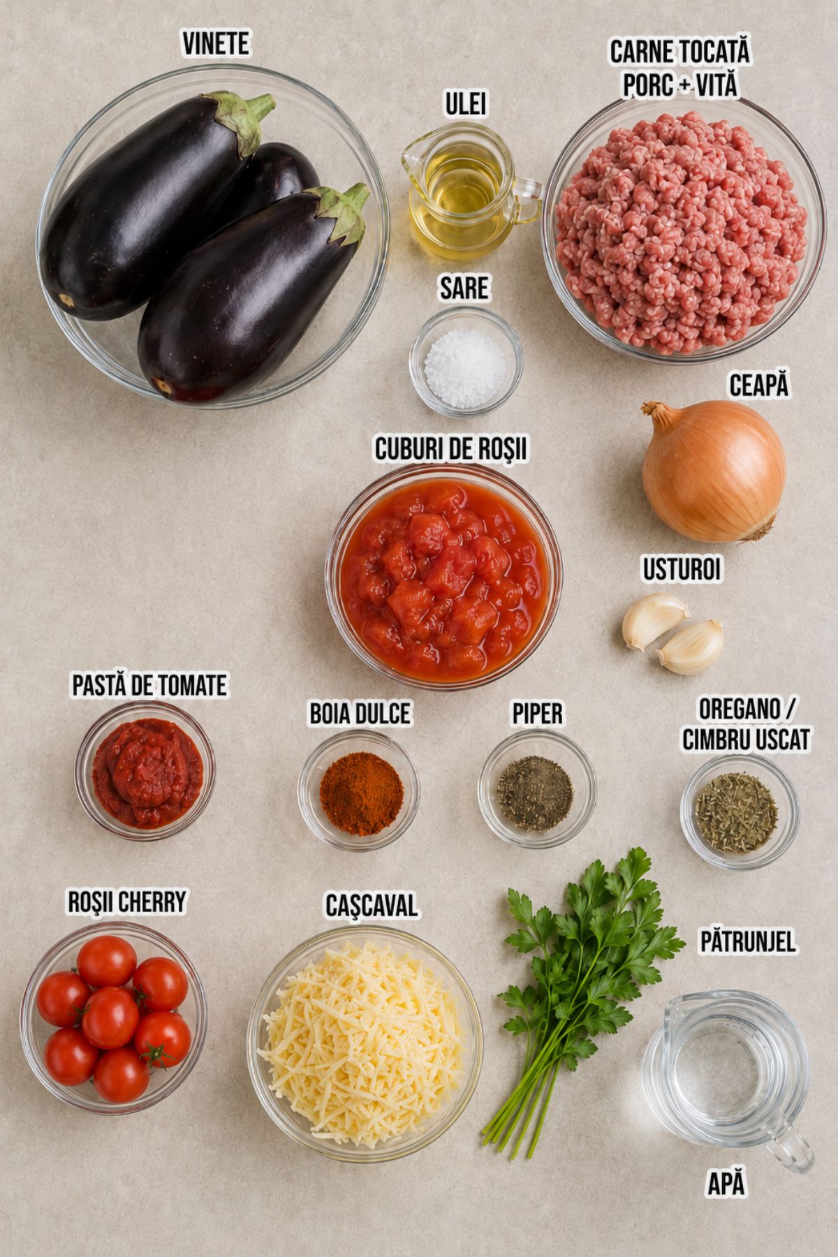 Lista vizuala de ingrediente cu etichete pentru reteta de vinete umplute cu carne tocata la cuptor