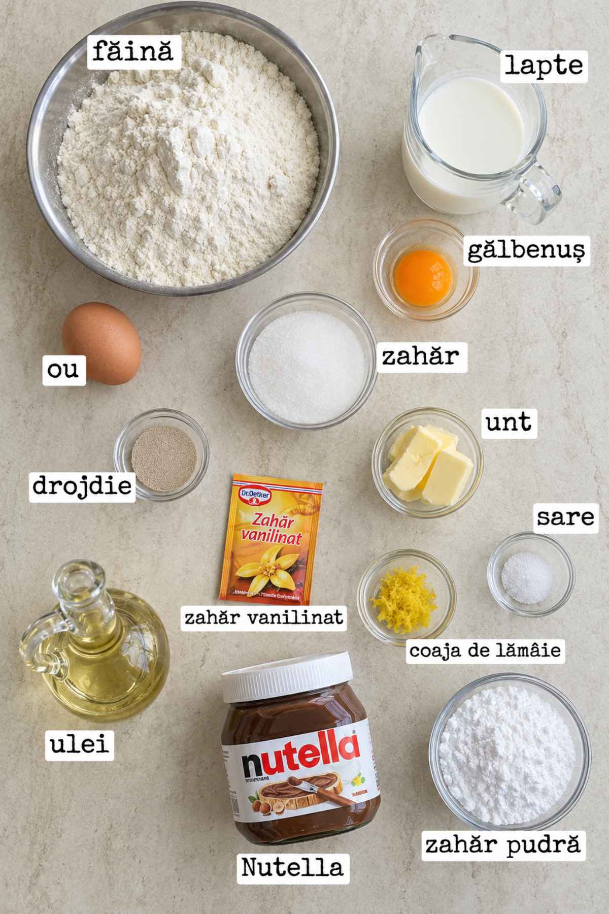 Ingrediente pentru gogoși-baton cu Nutella: făină, lapte, ou, gălbenuș, drojdie, unt, zahăr, lămâie și ulei pentru prăjit