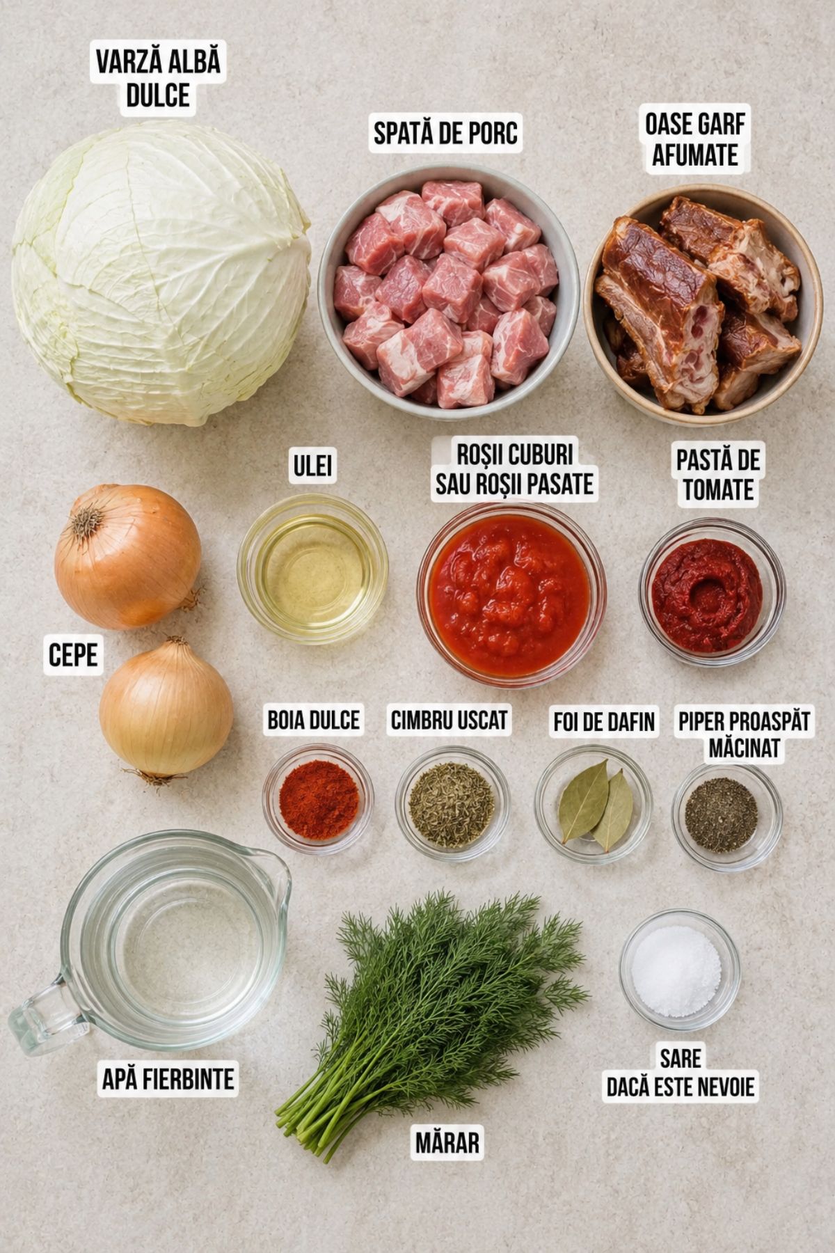 Ingrediente pentru varză dulce cu carne de porc și afumătură la cuptor: varză albă, spată de porc, oase garf afumate, ceapă, roșii, pastă de tomate și condimente.