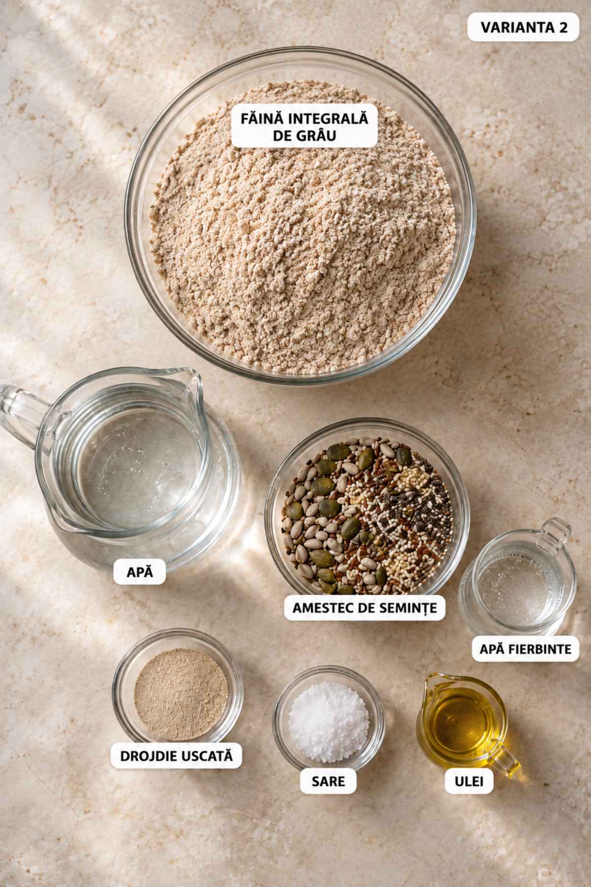 Ingrediente pentru pâine 100% integrală cu semințe: făină integrală de grâu, apă, semințe, drojdie, sare și ulei