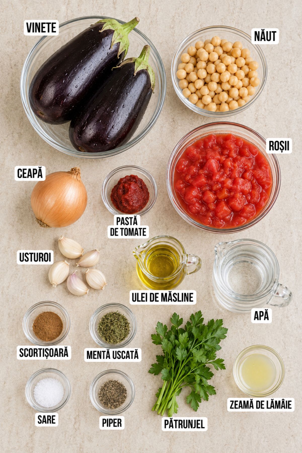 Ingrediente pentru musaca libaneză Maghmour: vinete, năut, roșii, ceapă, usturoi, ulei de măsline, mentă și scorțișoară.