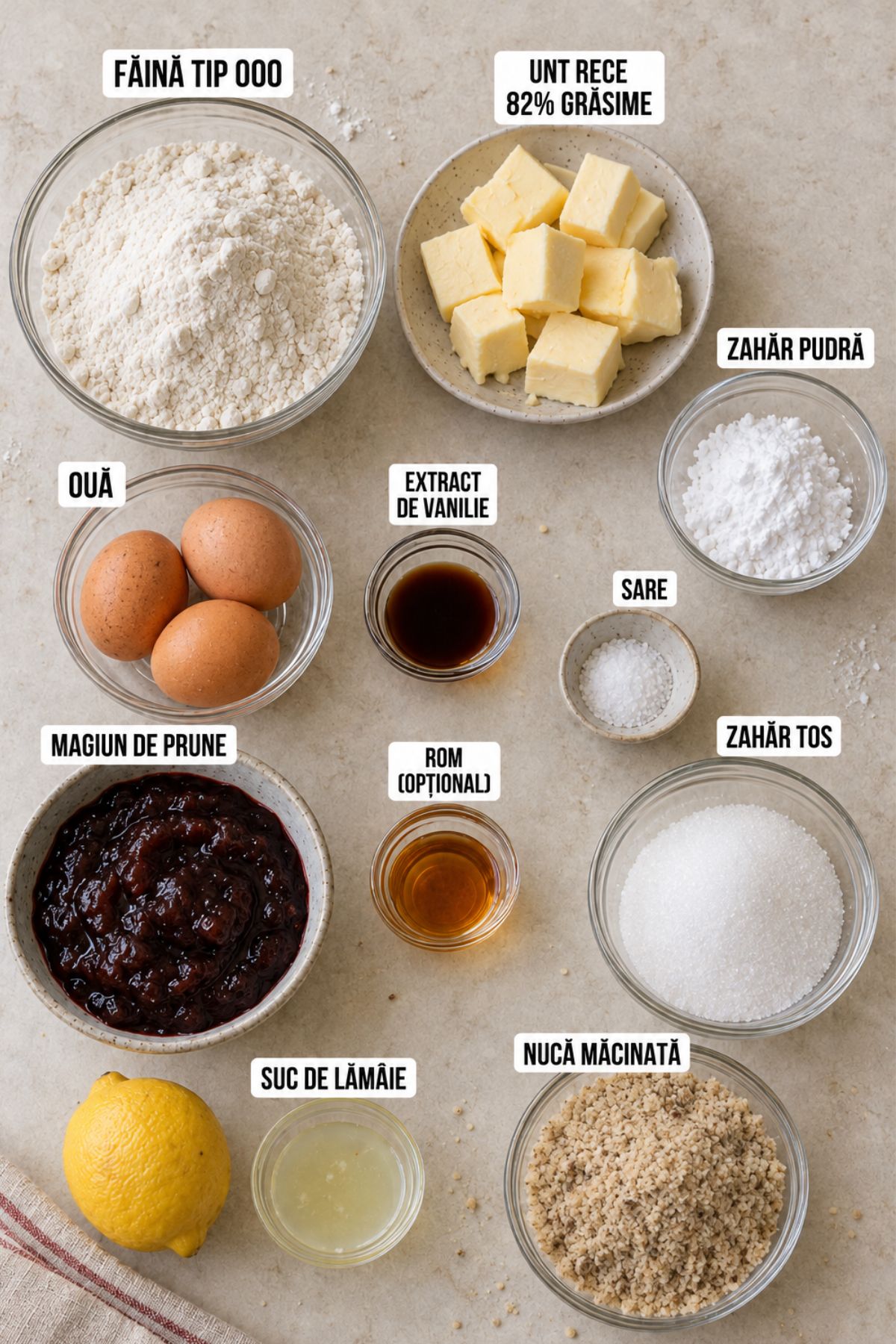 Ingrediente pentru coșulețe fragede cu magiun de prune și bezea cu nucă: făină, unt, ouă, zahăr, nucă, vanilie, rom și lămâie