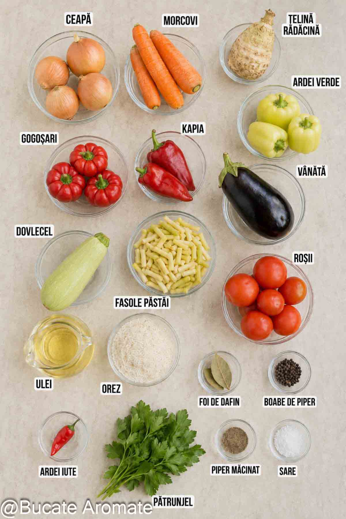 Ingrediente pentru tocana de legume cu orez: ceapă, morcovi, țelină, ardei, vinete, dovlecei, fasole păstăi, roșii și orez