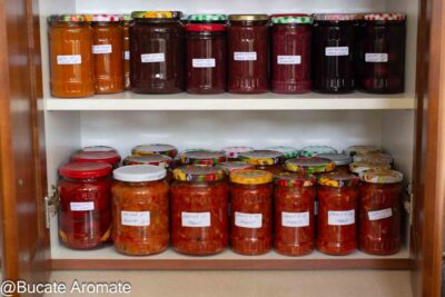 Borcane cu zacuscă de fasole și alte conserve pentru iarnă, așezate pe rafturile cămării