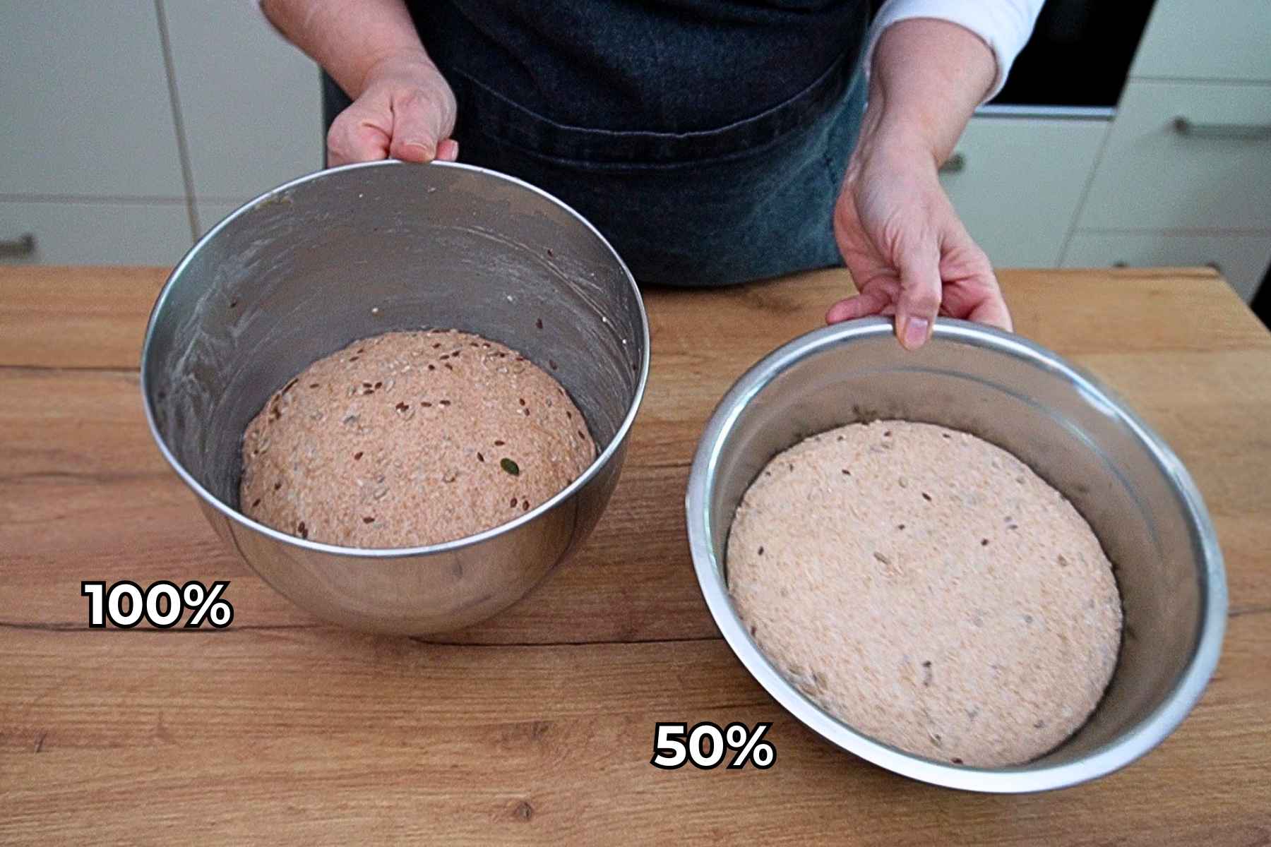 Comparație între aluatul cu 50% făină integrală și cel 100% integral după prima dospire