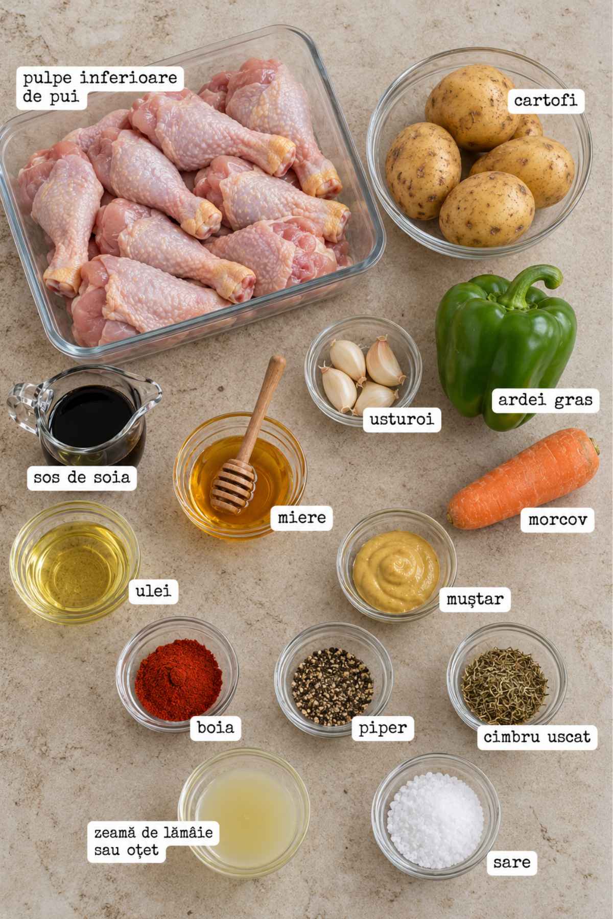 Ingrediente pentru pulpe de pui cu legume la pungă: cartofi, morcov, ardei, usturoi, miere, muștar și sos de soia