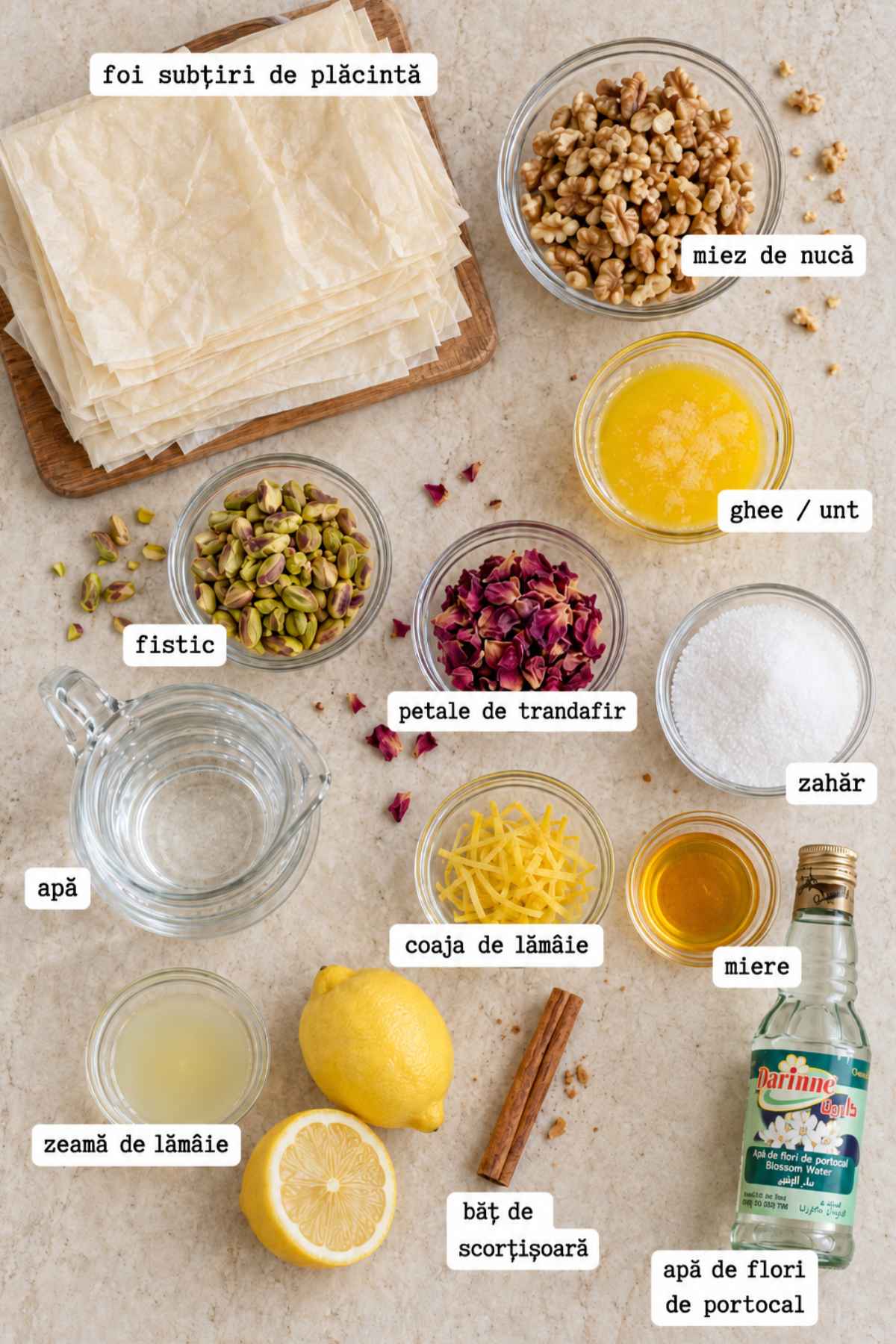 Ingrediente pentru baclava trandafiri: foi subțiri de plăcintă, nucă, ghee, fistic și ingrediente pentru sirop.