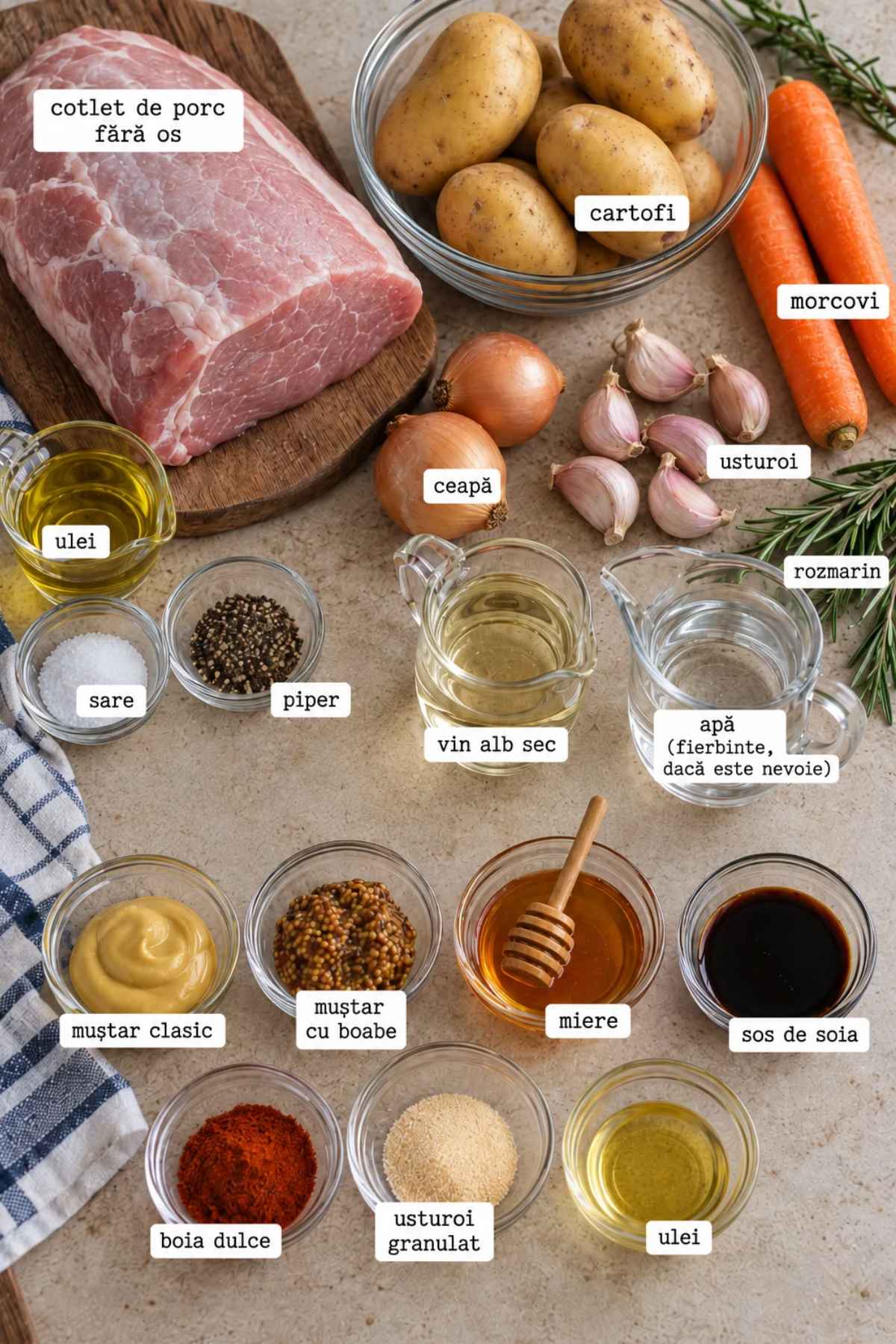 Ingrediente etichetate pentru cotlet de porc glazurat la cuptor: carne fără os, cartofi, morcovi, ceapă, usturoi, rozmarin, vin alb, muștar, miere, sos de soia și condimente.