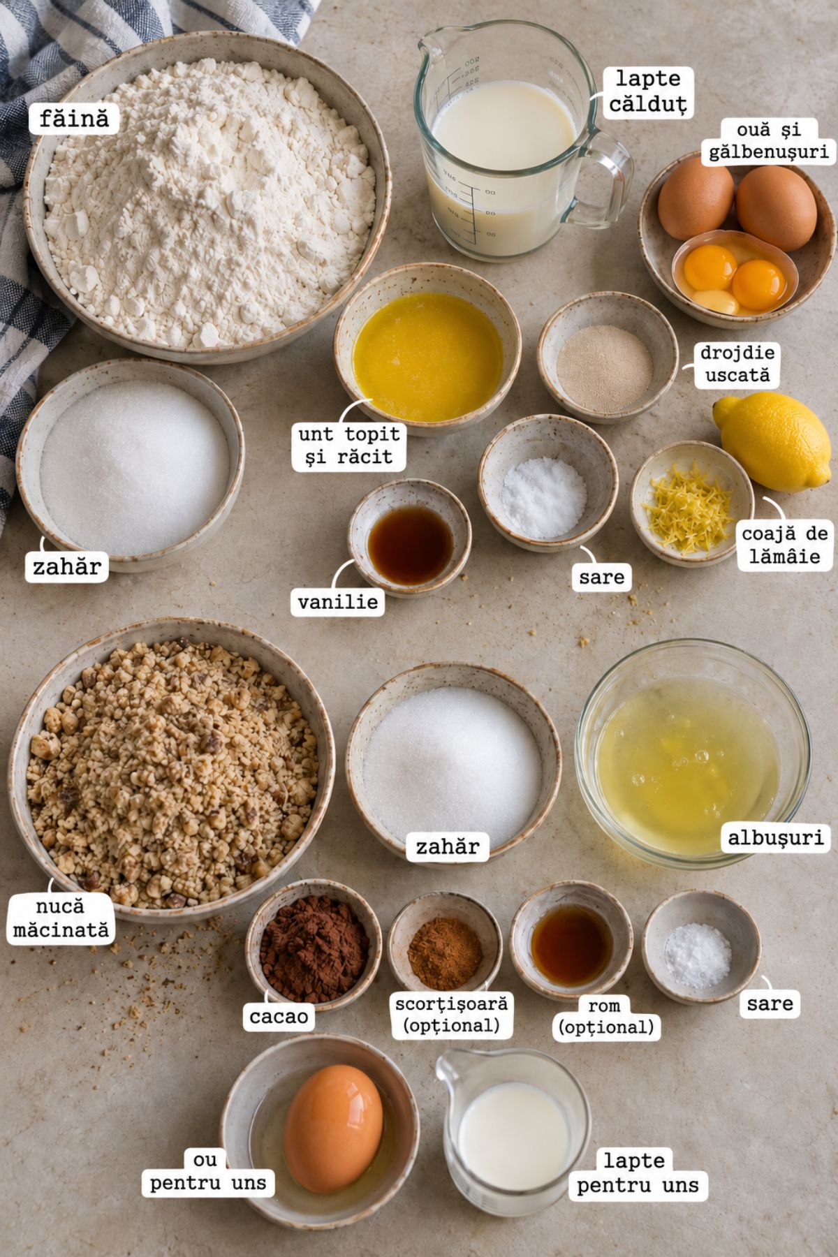 Ingrediente pentru melci pufoși cu nucă din aluat de cozonac – făină, ouă, lapte, unt, nucă și cacao