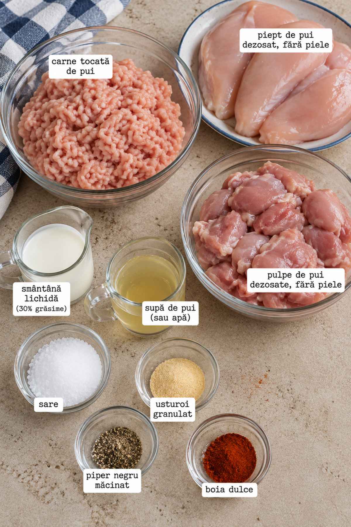 Ingrediente pentru șuncă de pui făcută acasă: carne tocată de pasăre, piept și pulpe dezosate, smântână lichidă, supă de pui, sare, usturoi granulat, piper și boia dulce.