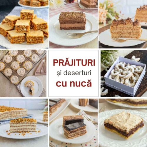 Colaj cu prăjituri și deserturi cu nucă: napolitane, prăjituri cu cremă și foi, cornulețe și prăjituri cu bezea